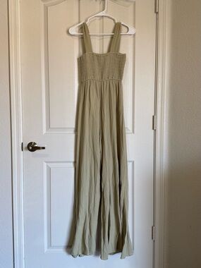 Smocked Wide-Strap Jumpsuit in Sage Green